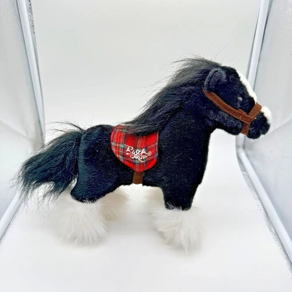 Busch Gardens Clydesdale Horse Stuffed Animal Black Horse White Legs Red Saddle
